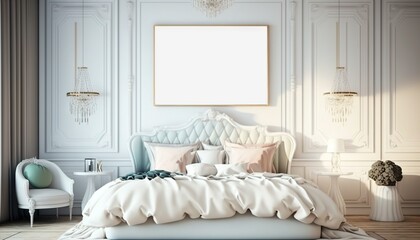Fototapeta na wymiar White luxurious bedroom mock-up with frame for picture generative ai