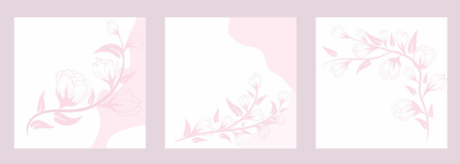 Fototapeta na wymiar Pink background with hand drawn flower elements in line art style. Floral frame. Editable vector banner for social media post, card, cover, wedding invitation, poster, mobile apps, web ads