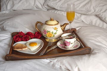 Valentines  proposal  breakfast  in bed  with  egg  heart  shaped  plate   vintage  teapot 