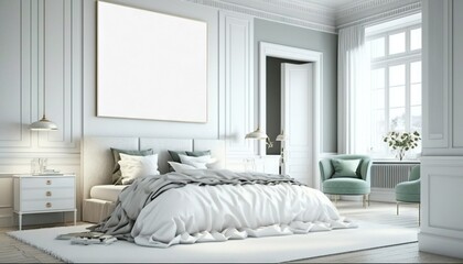 White luxurious bedroom mock-up with frame for picture generative ai
