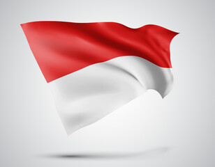 Indonesia, Monaco, vector flag with waves and bends waving in the wind on a white background