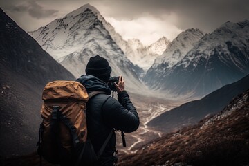 a mountaineer faces the challenge of climbing a high snowed peak and takes a photo. Generative ai