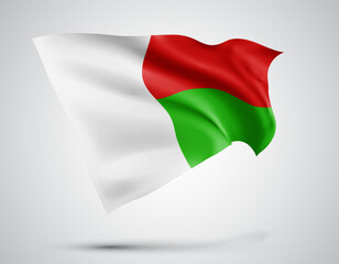 Madagascar, vector flag with waves and bends waving in the wind on a white background