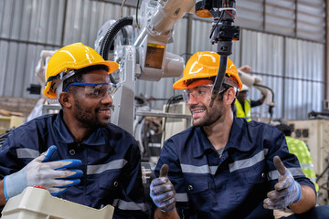 Maintenance engineer repair and programing robotic arm in factory Industry robot service shop