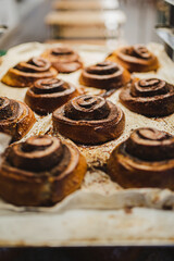 Shot of many handmade delicious cinnamon rolls on a tray in a artisan bakery