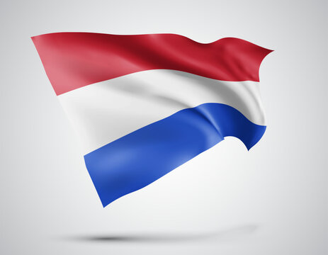 Netherlands, vector flag with waves and bends waving in the wind on a white background