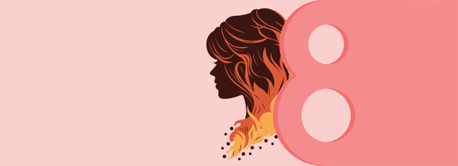 Young Woman Face And 8 Number On Pink Background. Happy Women's Day Concept.