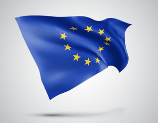 European Union, vector flag with waves and bends waving in the wind on a white background