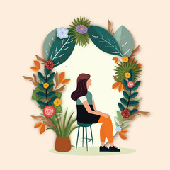 Side View of Young Girl Character Sitting On Stool And Floral Oval Frame With Copy Space. Happy Women's Day Concept.