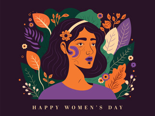 Happy Women's Day Concept With Fashionable Young Girl Character On Colorful Floral Decorated Background.