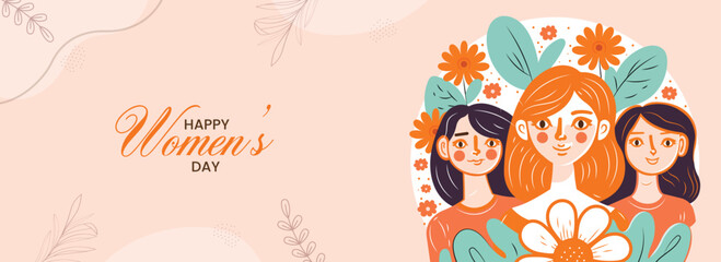 Fototapeta na wymiar Happy Women's Day Banner Design With Three Young Girl Characters On Floral Decorated Background.