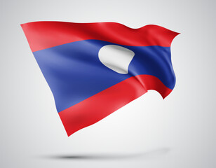 Laos, vector flag with waves and bends waving in the wind on a white background