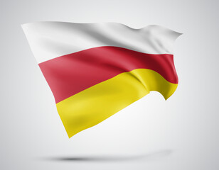 South Ossetia, vector flag with waves and bends waving in the wind on a white background