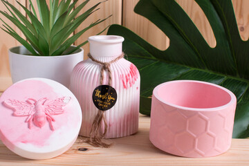 Pink vase made of pink concrete, a jar with a lid box. Gift set for March 8th Women's International Day.