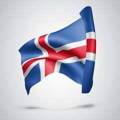 Iceland, vector flag with waves and bends waving in the wind on a white background