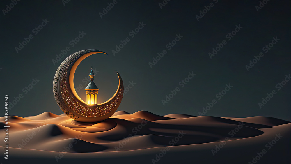 Wall mural 3d render of golden crescent moon with illuminated arabic lantern on sand dune. islamic religious co