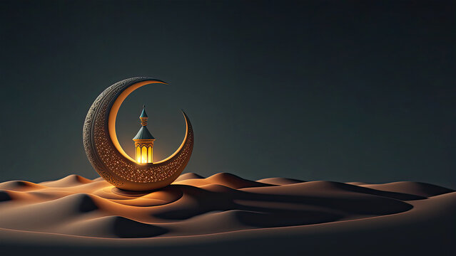 3D Render of Golden Crescent Moon With Illuminated Arabic Lantern On Sand Dune. Islamic Religious Concept.