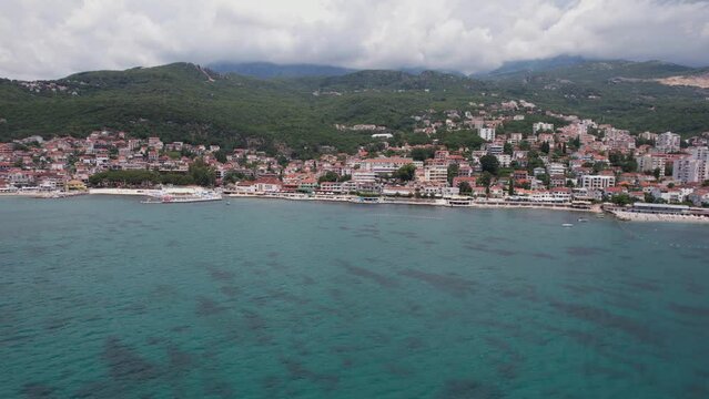 Topla, Herceg Novi, Montenegro. Aerial View of Waterfront Buildings From Seaside, Drone Shot