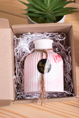 Pink vase made of pink concrete, a jar with a lid box. Gift set for March 8th Women's International Day.