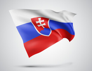 Slovakia, vector flag with waves and bends waving in the wind on a white background