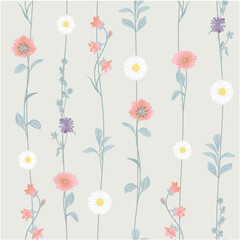 Floral meadow, seamless drawing with abstract wildflowers, summer colorful illustration on ivory background in Provence style.