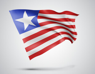 Liberia, vector flag with waves and bends waving in the wind on a white background