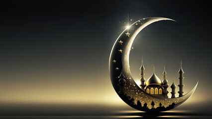 Obraz na płótnie Canvas 3D Render of Exquisite Crescent Moon With Shiny Mosque And Copy Space. Islamic Religious Concept.