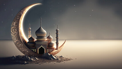 3D Render of Shiny Exquisite Crescent Moon With Carved Mosque On Night Background. Islamic Religious Concept. - obrazy, fototapety, plakaty