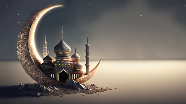 3D Render of Shiny Exquisite Crescent Moon With Carved Mosque On Night Background. Islamic Religious Concept.