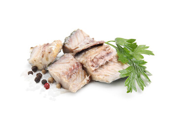 Fototapeta premium Delicious canned mackerel chunks with parsley and spices on white background