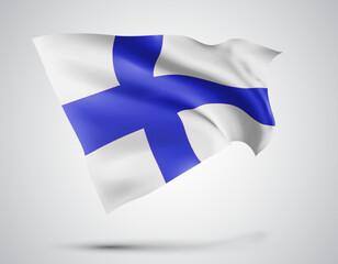 Finland, vector flag with waves and bends waving in the wind on a white background