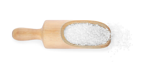 Fototapeta na wymiar Wooden scoop with natural sea salt on white background, top view