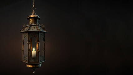 Fototapeta na wymiar 3D Render of Hanging Illuminated Arabic Lantern On Black Background. Islamic Religious Concept.