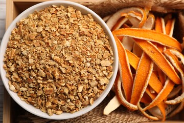 Dried orange seasoning zest and peel in box, top view