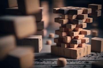 Naklejka na ściany i meble Stacking wooden blocks is at risk in creating business growth ideas made with Generative AI