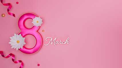 3D Render of 8 March Text With Daisy Flowers On Pink Background Decorated By Curl Ribbons. Happy Women's Day Concept.