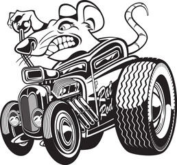 Cartoon style rat driving a custom hot rod car