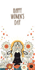 Happy Women's Day Vertical Banner Design With Modern Young Girl Character On Sun Floral Decorated Background.