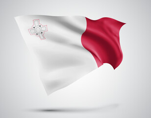 Malta, vector flag with waves and bends waving in the wind on a white background