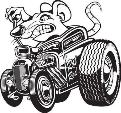 Cartoon style rat driving a custom hot rod car
