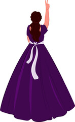 Rear View of Young Woman Wearing Purple Gown With Showing Peace Sign In Standing Pose.
