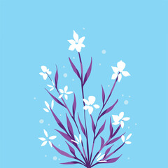 Baby blue background with vector white flowers and purple botanical leaves decoration isolated on square template for social media template cover, paper and scarf textile print, poster, brochure.