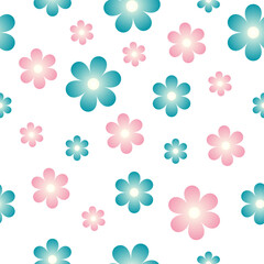 Seamless pattern of pink and blue flowers on a white background