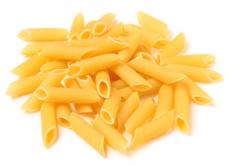 Raw pasta on a white background, heap