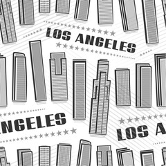 Vector Los Angeles Seamless Pattern, square repeat background with illustration of famous city scape on white background for wrapping paper, monochrome line art urban poster with dark text los angeles