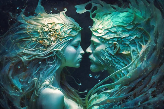 Mythological, fairy tale aquatic man and woman face to face. Created with Generative AI technology.