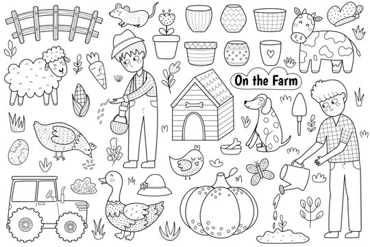 Black and white on the farm set with cute animals and kids farmers. Coloring page with countryside life elements in cartoon style. Boy watering plant, sheep, cow, dog, tractor. Vector illustration