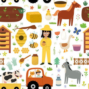 Farm seamless pattern with cute characters. Countryside background in cartoon style for fabric and textile with bees, beekeeper, hive, horse, donkey. Colorful wallpaper for kids. Vector illustration