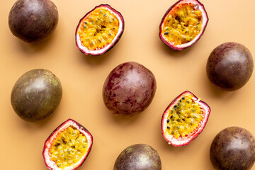 Fruit pattern of ripe fresh passion fruits, top view