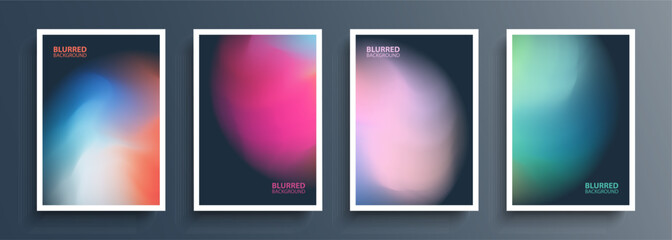 Set of blurred circle shapes on dark backgrounds with soft color gradients. Abstract graphic templates collection for brochures, posters, banners and flyers. Vector illustration.